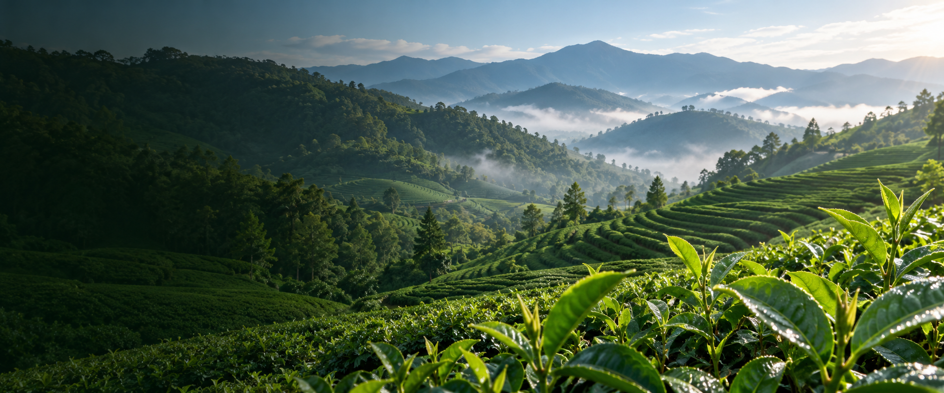 AI-generated tea landscape illustration; not a Yisheng Maolian facility